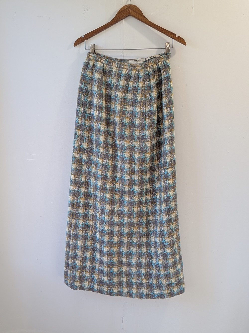 Jaeger London Vintage 100% Wool Checkered Long Maxi Skirt Blue Cream Gray Yellow